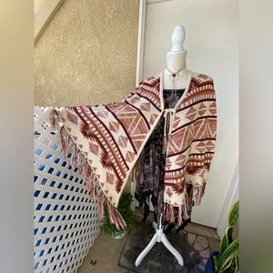 vintage earth tone fringed shawl poncho cape native design